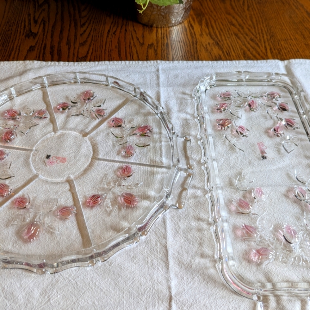 German Glass Cake Plate and Serving Tray with Pink Floral Design